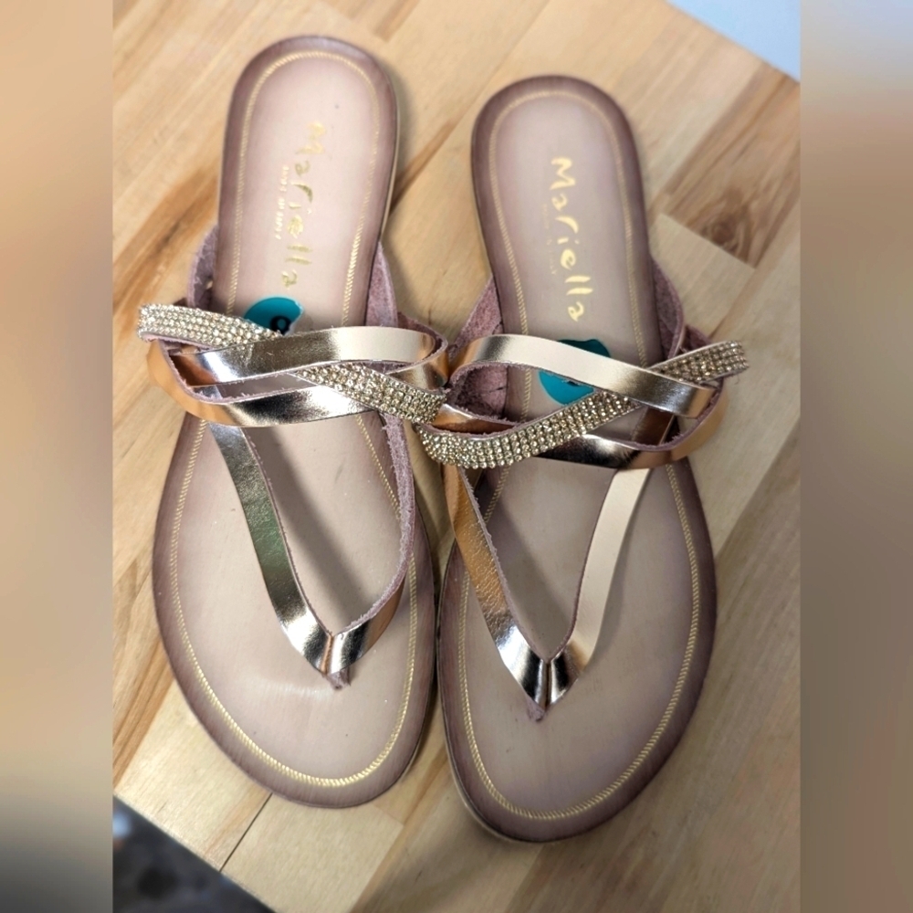 Mariella Rose Gold Thong Sandals Leather Bling Rhinestones 8 Strappy